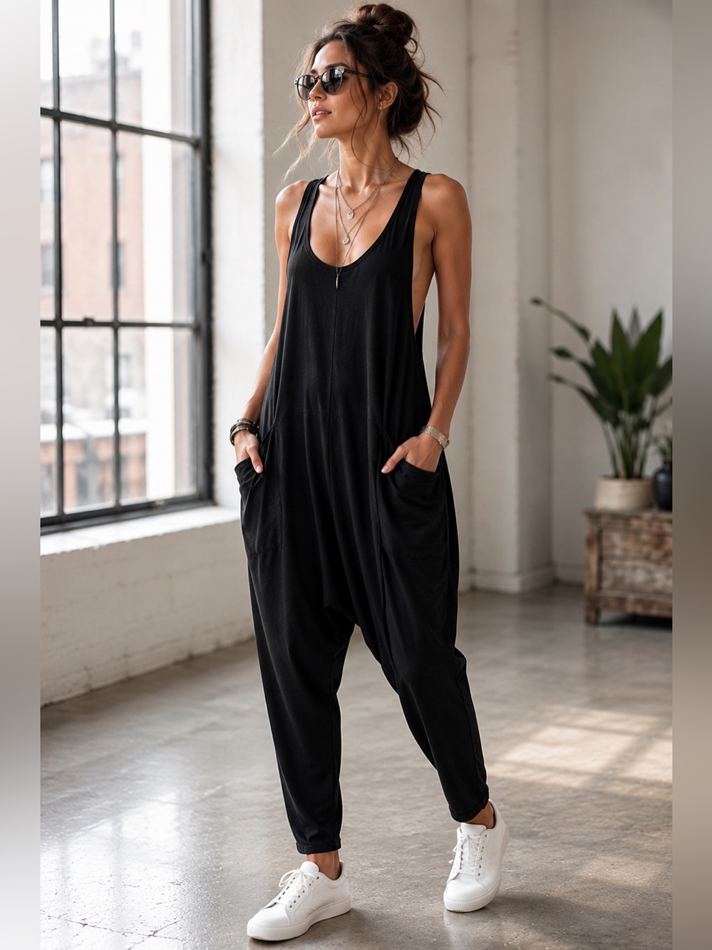Black Drop Crotch Jumpsuit Slouchy Pocket One Piece Minimalist Lagenlook